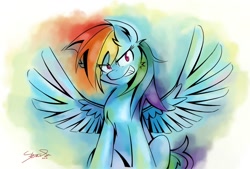 Size: 1024x693 | Tagged: safe, artist:animestrife009, derpibooru import, rainbow dash, pegasus, pony, solo, spread wings