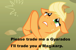 Size: 944x623 | Tagged: safe, applejack, earth pony, pony, applepray, image macro, meme, pokémon, pokémon x and y, pray, praying, solo