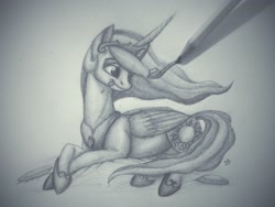 Size: 3200x2400 | Tagged: safe, artist:lupiarts, princess celestia, alicorn, pony, cake, cakelestia, monochrome, pencil, pencil drawing, solo, spoon, tongue out, traditional art