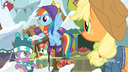 Size: 1280x720 | Tagged: safe, derpibooru import, screencap, applejack, rainbow dash, spike, dragon, earth pony, pegasus, pony, best gift ever, applejack's hat, clothes, cowboy hat, discovery family logo, female, flying, hat, male, mare, scarf, snow, winged spike, wings