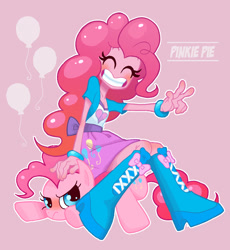 Size: 1403x1526 | Tagged: safe, artist:ahiru_7, pinkie pie, pony, equestria girls, annoyed, blushing, boots, bracelet, cleavage, clothes, cute, cutie mark background, duo, eyes closed, female, high heel boots, human ponidox, jewelry, peace sign, pink background, pixiv, shoes, simple background, sitting, sitting on pony, skirt, smiling, square crossover