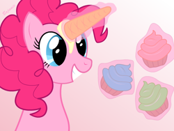 Size: 800x600 | Tagged: safe, artist:bajanic, pinkie pie, earth pony, pony, artificial unicorn, cupcake, ice cream cone, ice cream horn, levitation, magic, pinkie logic, solo