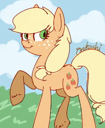 Size: 393x480 | Tagged: safe, artist:onikashi, applejack, earth pony, pony, female, mare, raised hoof, solo