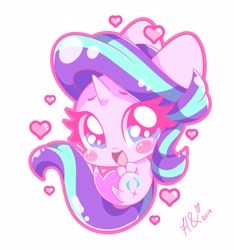 Size: 3480x3720 | Tagged: safe, artist:hungrysohma, starlight glimmer, pony, unicorn, blush sticker, blushing, chibi, cute, glimmerbetes, heart, high res, simple background, solo, white background