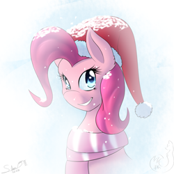 Size: 2000x2000 | Tagged: safe, artist:silverfox057, pinkie pie, earth pony, pony, clothes, hat, santa hat, scarf, snow, snowfall, solo