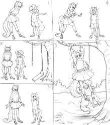 Size: 1400x1600 | Tagged: safe, artist:m@k, maud pie, pinkie pie, anthro, comic, monochrome, old master q, pinkamena diane pie, swing