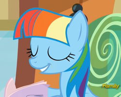 Size: 1266x1013 | Tagged: safe, derpibooru import, screencap, rainbow dash, pegasus, pony, the lost treasure of griffonstone, alternate hairstyle, book, cute, eyes closed, mane swap, manebow sparkle, smiling, solo