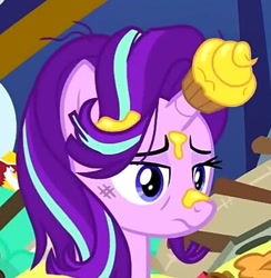 Size: 399x408 | Tagged: safe, screencap, starlight glimmer, pony, unicorn, every little thing she does, cropped, cupcake, cute, food, messy mane, sad, solo