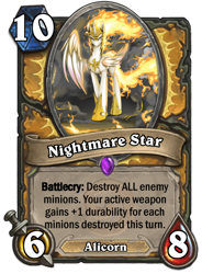 Size: 400x543 | Tagged: safe, artist:santagiera, nightmare star, princess celestia, alicorn, pony, card, crossover, female, fire, hearthstone, mare, raised hoof, standing, text, trading card