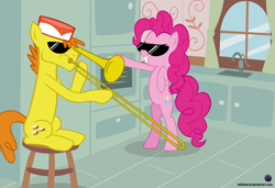 Size: 1024x701 | Tagged: safe, artist:mlpblueray, carrot cake, pinkie pie, earth pony, pony, bipedal, parody, smiling, stool, sunglasses, trombone, vector, vine video, when mama isn't home