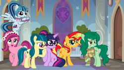 Size: 5280x3000 | Tagged: safe, artist:osipush, artist:slb94, artist:suramii, artist:themexicanpunisher, gloriosa daisy, juniper montage, sci-twi, sonata dusk, sunset shimmer, twilight sparkle, wallflower blush, earth pony, pegasus, pony, unicorn, baubles, bracelet, clothes, collar, equestria girls ponified, eyeshadow, female, flower, flower in hair, flying, freckles, glasses, hair tie, horn, jewelry, looking at you, looking down, makeup, mare, messy mane, open mouth, pigtails, ponified, ponytail, raised hoof, sitting, smiling, standing, studded bracelet, sweater, the benevolent six, unicorn sci-twi, wings