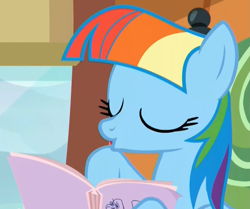 Size: 1209x1012 | Tagged: safe, derpibooru import, screencap, rainbow dash, pegasus, pony, the lost treasure of griffonstone, :o, alternate hairstyle, book, cute, eyes closed, kissy face, mane swap, manebow sparkle, smiling, solo