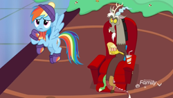 Size: 1920x1080 | Tagged: safe, derpibooru import, screencap, discord, rainbow dash, draconequus, pegasus, pony, best gift ever, armchair, chair, clothes, discovery family logo, duo, female, flying, food, hat, male, mare, mittens, popcorn, pudding, puddinghead's pudding, recliner, scarf, soda