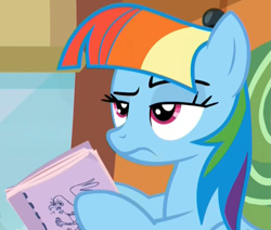 Size: 1191x1012 | Tagged: safe, derpibooru import, screencap, rainbow dash, pegasus, pony, the lost treasure of griffonstone, alternate hairstyle, book, mane swap, manebow sparkle, solo, unamused