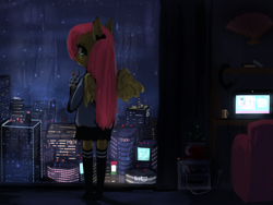 Size: 1280x960 | Tagged: safe, artist:marinakirby, angel bunny, fluttershy, pegasus, pony, semi-anthro, city, cityscape, clothes, computer, mug, skirt, socks, solo