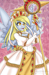 Size: 825x1275 | Tagged: safe, artist:bumblebun, part of a set, derpy hooves, anthro, pegasus, breasts, cleavage, cleric, clothes, derpy loaves, dress, fantasy class, female, healer, mare, solo, staff