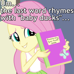 Size: 700x700 | Tagged: safe, edit, edited screencap, screencap, fluttershy, equestria girls, rainbow rocks, bad fanfic, caption, fanfic, meta, notebook, reaction image, solo