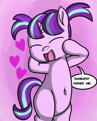 Size: 2400x3000 | Tagged: safe, artist:saburodaimando, starlight glimmer, pony, unicorn, belly button, cute, female, filly, glimmerbetes, implied sunburst, newbie artist training grounds, shipping, straight, twitterpated