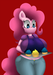 Size: 1000x1414 | Tagged: safe, artist:kingshadow, pinkie pie, anthro, apron, big breasts, breasts, clothes, cupcake, female, food, huge breasts, jeans, pants, pinkie pies, shirt, solo, wide hips