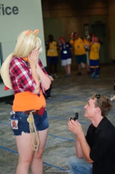 Size: 637x960 | Tagged: safe, artist:untold-reasons, applejack, human, 2012, convention, cosplay, irl, irl human, marriage proposal, otakon, photo, rope