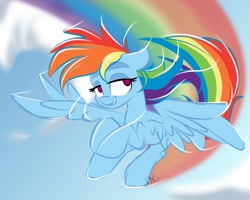 Size: 2500x2000 | Tagged: safe, artist:jen-neigh, derpibooru import, rainbow dash, pegasus, pony, female, flying, lidded eyes, rainbow trail, solo, spread wings, wings