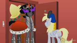 Size: 1334x750 | Tagged: safe, artist:harmony studios, derpy hooves, king sombra, pony, unicorn, cloak, clothes, derpy's delivery, hat, plot