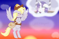 Size: 1024x683 | Tagged: safe, artist:jolteongirl, derpy hooves, rarity, pony, unicorn, blushing, cap, clothes, derpity, female, flying, hat, lesbian, mailbag, shipping, spa