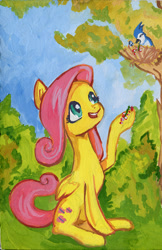 Size: 649x1000 | Tagged: safe, artist:lexx2dot0, fluttershy, bird, pegasus, pony, cute, feeding, gouache, looking up, nest, open mouth, scenery, sitting, smiling, solo, traditional art, tree