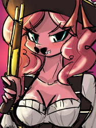 Size: 720x960 | Tagged: dead source, source needed, safe, artist:lumineko, pinkie pie, anthro, cleavage, clothes, female, gun, hat, looking at you, moustache, smiling, solo