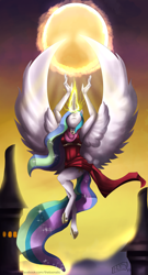 Size: 1652x3068 | Tagged: safe, artist:thetoonatic, princess celestia, anthro, flying, glowing eyes, glowing horn, magic, raising the sun, solo, spread wings