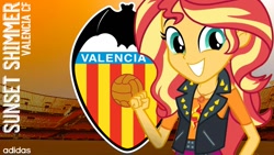 Size: 1273x717 | Tagged: safe, sunset shimmer, bat, better together, equestria girls, adidas, geode of empathy, la liga santander, mestalla stadium, spain, valencia, valencia cf