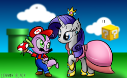 Size: 1300x800 | Tagged: safe, artist:lennonblack, rarity, spike, pony, unicorn, ? block, clothes, cosplay, costume, crossover, female, male, mario, mushroom, nintendo, princess peach, shipping, sparity, straight, super mario bros., super mushroom, warp pipe