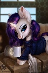 Size: 1000x1500 | Tagged: safe, artist:lulemt, rarity, pony, unicorn, clothes, detailed, ear fluff, eyeshadow, female, fluffy, looking at you, magic, makeup, mare, mug, painting, prone, smiling, sofa, solo, sweater, telekinesis