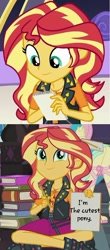 Size: 468x1061 | Tagged: safe, edit, edited screencap, screencap, fluttershy, sunset shimmer, driving miss shimmer, driving miss shimmer: rarity, equestria girls, equestria girls series, the finals countdown, bacon hair, book, boots, clothes, cropped, cute, cutest pony alive, element of empathy, female, high heel boots, image macro, jacket, leather, leather jacket, meme, notepad, pencil, shimmerbetes, shoes, skirt, smiling, sunset's note, truth, vest, writing