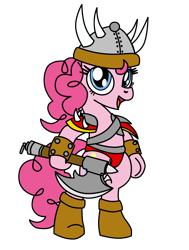 Size: 1700x2252 | Tagged: safe, artist:pananovich, pinkie pie, orc, pony, axe, bipedal, helmet, simple background, solo, transparent background