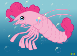 Size: 821x601 | Tagged: safe, artist:marmelmm, artist:mmm, artist:wom-bat, color edit, pinkie pie, shrimp, shrimpified, solo, species swap