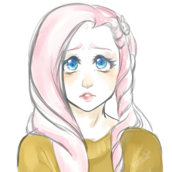 Size: 900x900 | Tagged: safe, artist:prodigymysoul, fluttershy, human, clothes, humanized, solo, sweater, sweatershy