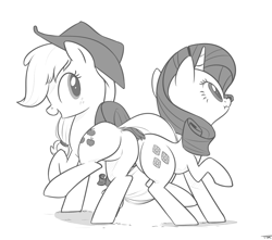 Size: 1700x1500 | Tagged: safe, artist:tex, applejack, rarity, earth pony, pony, unicorn, butt bump, butt to butt, butt touch, monochrome, plot, plot pair, scrunchy face