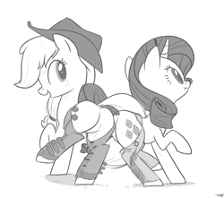 Size: 1700x1500 | Tagged: safe, artist:tex, applejack, rarity, earth pony, pony, unicorn, butt bump, butt to butt, butt touch, chaps, monochrome, plot, plot pair, scrunchy face