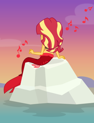 Size: 1024x1334 | Tagged: safe, artist:mlp-trailgrazer, sunset shimmer, mermaid, equestria girls, clothes, female, mermaidized, music notes, ocean, rear view, rock, sitting, solo, species swap, sunset shimmer day, water