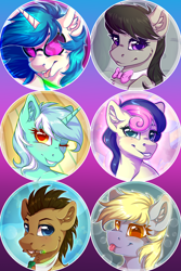 Size: 1200x1800 | Tagged: safe, artist:serenity, bon bon, derpy hooves, dj pon-3, doctor whooves, lyra heartstrings, octavia melody, sweetie drops, vinyl scratch, earth pony, pony, unicorn, bowtie, female, looking at you, male, mare, one eye closed, smiling, stallion, tongue out, wink