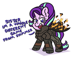 Size: 1050x850 | Tagged: safe, artist:threetwotwo32232, starlight glimmer, pony, unicorn, dialogue, female, fire, looking at you, mare, metal gear, metal gear solid 2, newbie artist training grounds, parody, simple background, solidus snake, solo, transparent background