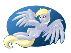 Size: 1024x768 | Tagged: safe, artist:starkindlerstudio, derpy hooves, pegasus, pony, abstract background, cutie mark, female, flying, mare, open mouth, smiling, solo, spread wings, wings