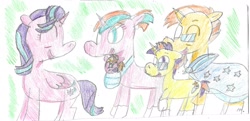 Size: 1977x958 | Tagged: safe, artist:ptitemouette, starlight glimmer, sunburst, oc, oc:harry trotter, oc:summer solstice, oc:sunny jewel, pony, unicorn, baby, baby carrier, baby pony, brother and sister, father and child, father and daughter, father and son, female, grandfather and grandson, grandmother and grandson, male, mother and child, mother and daughter, mother and son, offspring, parent and child, parent:oc:saphire ring, parent:oc:sunny jewel, parent:starlight glimmer, parent:sunburst, parents:oc x oc, parents:starburst, shipping, siblings, starburst, straight