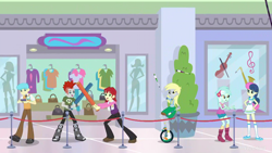 Size: 3643x2048 | Tagged: safe, screencap, bon bon, bright idea, crimson napalm, derpy hooves, lyra heartstrings, nolan north, sweetie drops, a fine line, better together, equestria girls, background human, canterlot mall, female, male