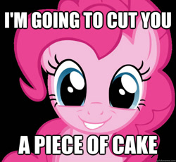 Size: 625x574 | Tagged: source needed, useless source url, safe, pinkie pie, earth pony, pony, bait and switch, black background, cake, cute, female, grin, image macro, joke, looking at you, mare, meme, simple background, smiling, solo