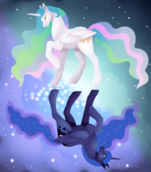 Size: 3500x3992 | Tagged: safe, artist:theonezumi, princess celestia, princess luna, alicorn, pony, dreamscape, duality, duo, eyes closed, female, mare, raised hoof, royal sisters, wings