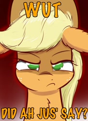 Size: 580x800 | Tagged: safe, artist:heir-of-rick, applejack, earth pony, pony, angry, caption, dialogue, impossibly large ears, looking at you, reaction image, solo, study