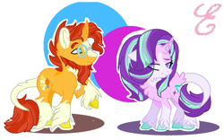 Size: 884x550 | Tagged: safe, artist:kiwi4578, starlight glimmer, sunburst, pony, blaze (coat marking), curved horn, female, fluffy, horn, male, shipping, starburst, straight, unshorn fetlocks