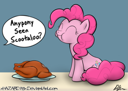 Size: 1001x711 | Tagged: safe, artist:xhazard78x, pinkie pie, earth pony, pony, chewing, chicken meat, cooked, dead, dialogue, eating, eyes closed, female, food, implied cannibalism, implied death, implied hard vore, implied scootachicken, implied scootaloo, mare, meat, offscreen character, ponies eating meat, scootachicken, sitting, solo, text, thanksgiving